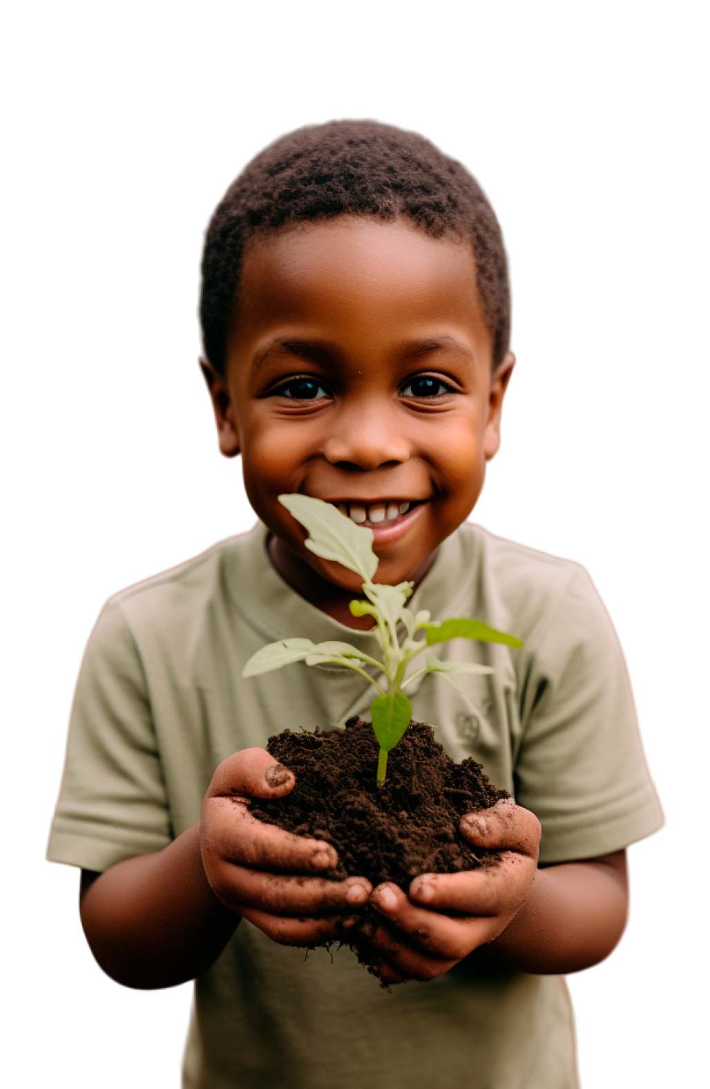 Menino sorrindo segurando uma muda de planta